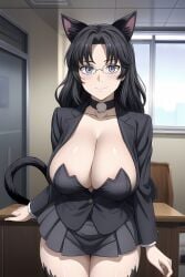 1girls ai_generated big_breasts black_hair breasts cat_ears catgirl enormous_breasts female female_focus female_only glasses hair huge_breasts large_breasts looking_at_viewer mature_female milf nipples smiling smiling_at_viewer thick_thighs thighs