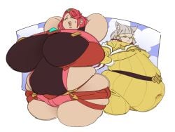 2020 2girls absurd_res alternate_breast_size arms_behind_head bbw belly breasts cat_ears catgirl duo duo_focus fat female_focus female_only gigantic_breasts grey_hair hips huge_belly huge_breasts miss_that_man nia overweight overweight_female plump pyra red_hair short_hair small_breasts voluptuous wide_hips xenoblade_(series) xenoblade_chronicles_2