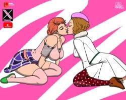 2girls alternate_costume big_breasts breasts brown_hair crossover diamond_is_unbreakable female female_only haru_okumura jojo's_bizarre_adventure kaywest kissing large_breasts megami_tensei multiple_girls persona persona_5 shinobu_kawajiri yuri