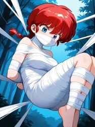 ai_generated arms_behind_back barefoot blue_eyes female female_only gag nude ranma-chan ranma_1/2 ranma_saotome red_hair spiderweb web web_bondage webbed