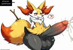 absurd_res ai_generated anthro balls big_balls big_penis blush bodily_fluids braixen canid canine cum ejaculation erection fur generation_6_pokemon genital_fluids genitals girly heart hellsonger hi_res huge_balls huge_cock huge_hips huge_thighs hyper hyper_balls hyper_genitalia hyper_penis inner_ear_fluff male mammal nintendo penis pokemon pokemon_(species) simple_background smile solo sweat thick_thighs tuft white_background wide_hips