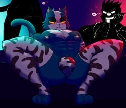 4 angry anthro avocato big_pecs blue_body blue_fur blush clothing elvikcin fake_horns felid feline felis final_space fur group heart_symbol hi_res humanoid lights lingerie male mammal muscular muscular_male nightclub pasties pecs solo_focus trio ventrexian