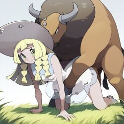 1boy 1girls ai_generated all_fours big_bubba bull bully_style clothed_sex female_penetrated lillie_(pokemon) male/female male_pokemon/female_human no_escape pokemon pokemon_(species) pokephilia sex small_breasts tauros thrusting_power