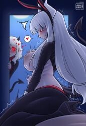 2girls anikiki_kun ass being_watched bunny_ears caught_in_the_act demon demon_girl demon_horns demon_tail embarrassed heels helltaker high_heels horns long_hair lucifer_(helltaker) modeus_(helltaker) red_eyes stomach_bulge tail white_hair