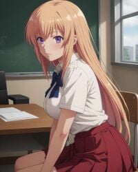 1girls ai_generated blonde_hair blush breasts classroom_of_the_elite ichinose_honami_(cote) large_breasts light-skinned_female light_skin long_hair looking_at_viewer purple_eyes school_uniform schoolgirl siahken skirt smiling_at_viewer