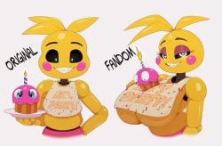 1girls animatronic animatronic_female big_breasts bigdon1992 breasts_bigger_than_head cupcake_(fnaf) english_text five_nights_at_freddy's fnaf looking_at_viewer robot_girl smile smiling smiling_at_viewer solo tagme tagme_(artist) toy_chica_(fnaf) toy_chica_(love_taste)