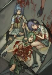 blood blood_on_clothes blue_hair bow brain corpse death female_death girls gloves green_hair gun guro internal_organs intestines iuui multiple_girls panties peeing purple_hair rifle school_uniform short_hair skirt socks thighhighs underwear urine weapon wetting_self white_panties