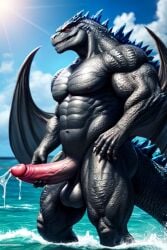 ai_generated balls ballsack black_body cum_drip erect_penis erection hard_cock hard_on horns muscles muscular muscular_male naked naked_male nude nude_male ocean_background scales spikes tail wings