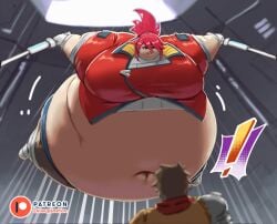 1boy 1boy1girl 1girls 2023 absurd_res bbw belly breasts brown_hair chai_(hi-fi_rush) ekusupanshon falling fat female female_focus gigantic_belly hi-fi_rush huge_belly huge_breasts incoming_attack korsica larger_female male navel obese obese_female plump red_hair short_hair size_difference ssbbw