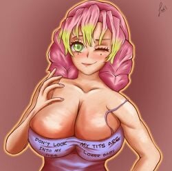 _lodeh big_breasts big_breasts demon_slayer green_eyes kanroji_mitsuri massive_breasts pink_hair t-shirt