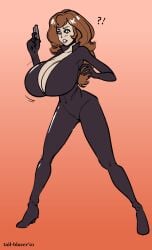 1girls big_breasts black_bodysuit bodysuit breast_expansion brown_hair cleavage expansion huge_breasts light-skinned_female light_skin long_hair lupin_iii medium_ass mine_fujiko pistol pistol_in_hand surprised tagme tail-blazer thin_waist wide_hips