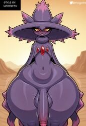 absurd_res ai_generated anthro balls black_body blush cape cloak clothed clothing foreskin generation_4_pokemon genitals girly hat headgear headwear hellsonger hi_res humanoid_genitalia humanoid_penis looking_at_viewer male mismagius navel nintendo penis pokemon pokemon_(species) purple_body solo teapot_(body_type) thick_thighs wide_hips yellow_sclera