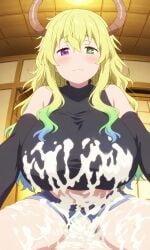 :3 ai_generated blonde_hair breasts crop_top cum cum_everywhere cum_in_pussy cum_inside cum_on_breasts cum_on_thighs curvy dragon dragon_girl excessive_cum green_eyes happy heterochromia horns huge_breasts imforskin jean_shorts kobayashi-san_chi_no_maidragon large_breasts looking_at_viewer lucoa lucoa_(maidragon) purple_eyes pussy quetzalcoatl_(dragon_maid) sex smile thick_thighs unusual_pupils vaginal_penetration voluptuous