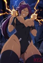 1girls bleach bleach:_sennen_kessen-hen bleach:_the_thousand-year_blood_war dark-skinned_female dark_background large_breasts nyxworks purple_hair shihouin_yoruichi toned yellow_eyes