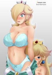 2d 2d_(artwork) 2girls assisted_exposure belly_button big_breasts blonde_hair blue_bra blue_eyes blue_panties blue_underwear blush bow bow_bra bow_panties bra breasts cleavage clothing crown dress dress_pull dress_pulled_by_another embarrassed female female_only females_only gloves grey_background hair_over_one_eye large_breasts long_hair looking_at_viewer looking_down mario_(series) multiple_girls nidavellirstudios nintendo panties pearl_earrings princess_peach princess_rosalina pulling_down_dress simple_background standing star_earrings strapless_bra super_mario_galaxy surprised surprised_look thin_female thin_waist underwear