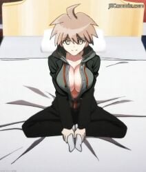 1girl 1girls ahoge ai_edit ai_generated alone bed brown_hair cleavage danganronpa danganronpa:_trigger_happy_havoc danganronpa_(series) danganronpa_the_animation edit edited edited_image edited_official_artwork edited_screencap female female_focus female_only fully_clothed genderbent genderswap_(mtf) hoodie hoodie_open huge_breasts jacket jacket_open jscammie legs_together looking_at_viewer makoto_naegi naegi_makoto rule_63 screencap screenshot screenshot_edit short_hair short_hair_female socks solo solo_female solo_focus spiky_hair tagme watermark