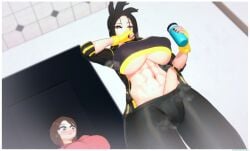 3d bulge bulge_through_clothing dendra_(pokemon) futanari juliana_(pokemon) koikashura pokemon pokemon_sv sweating tagme