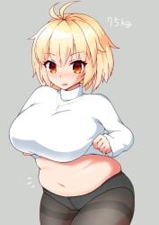 ahoge arcueid_brunestud bbw belly belly_button belly_fat big_breasts blonde_hair blush breasts chonk chubby chubby_female embarrassed fat fat_female gaining_weight huge_breasts jewelry large_breasts looking_at_self meaty melty_blood midriff navel necklace panties panties_visible_through_clothing pantyhose plump red_eyes sequence shocked short_hair sweatdrop sweater sweater_lift thick thick_thighs thighs tight_clothing top_heavy tsukihime tummy type-moon vampire vampire_girl weight_gain wide_hips