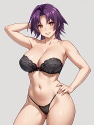 ai_generated azuma_marina big_breasts black_bra black_panties black_underwear isogil kashidashi_tsuma_marina_no_"netorase"_houkoku_binkan_tsuma_to_zetsurin_daigakusei looking_at_viewer purple_hair yellow_eyes