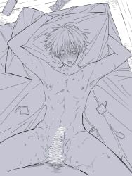 2boys anal armpits arms_up bar_censor blush censored commentary_request condom condom_wrapper hickey highres jujutsu_kaisen looking_at_viewer lying male_focus male_only monochrome multiple_boys nipples nude penis pillow satoru_gojo sweat testicles u_(r_k_g_k) used_condom yaoi