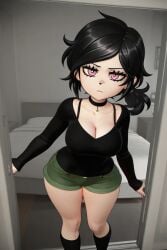 ai_generated ashley_graves bedroom black_hair curvy female_only looking_at_viewer medium_breasts petite ponytail pov short_shorts shorts tight_shorts