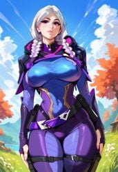 2d ai_generated bodysuit braid day female female_focus female_only fortnite multicolored_hair outdoors solo solo_female solo_focus tagme torin_(fortnite) twin_braids white_hair