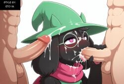 ai_generated anthro anthro_penetrated balls black_body black_fur blush bodily_fluids bovid clothed clothing cum cum_in_mouth cum_inside deltarune erection eyewear faceless_character faceless_male fellatio fur genital_fluids genitals glans glasses goat green_clothing green_hat green_headwear group group_sex hat headgear headwear heart hellsonger hi_res human human_on_anthro human_penetrating_anthro humanoid_genitalia humanoid_penis interspecies male male/female male/male male_on_anthro mammal oral oral_penetration penetration penile penis ralsei robe scarf sex simple_background threesome trio undertale_(series) white_background