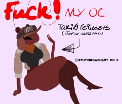 ant_humanoid arthropod arthropod_humanoid aviator_ant_(stupidroach) aviator_cap aviator_goggles big_breasts bug_girl clothed heel_boots heels legs_crossed oc original original_character red_body request solo_female stupidroach text thighs