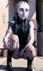 ai_generated alien alien_girl alien_humanoid blue_eyes braided_hair crouching fingering grey_skin gwyndala partially_clothed skinny star_trek star_trek_prodigy tattoo vau_n'akat_(species)