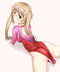 ass blonde_hair blush dildo erect_nipples female glasses green_eyes gymnastics highres leotard long_hair minase_(takaoka_nanase) object_insertion original sideboob simple_background solo takaoka_nanase tied_hair twintails vaginal_insertion vibrator_under_clothes