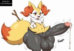 absurd_res ai_generated anthro balls big_balls big_penis blush bodily_fluids braixen canid canine cum ejaculation erection fur generation_6_pokemon genital_fluids genitals girly heart hellsonger hi_res huge_balls huge_cock huge_hips huge_thighs hyper hyper_balls hyper_genitalia hyper_penis inner_ear_fluff male mammal nintendo penis pokemon pokemon_(species) simple_background smile solo sweat thick_thighs tuft white_background wide_hips