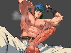 abs balls bara biceps big_balls big_penis blue_eyes blue_hair erection fire_emblem fire_emblem:_path_of_radiance fire_emblem:_radiant_dawn ike_(fire_emblem) male male_nipples male_only manly muscular_male nintendo nioseptem nipples pecs penis