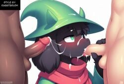 ai_generated anthro anthro_penetrated balls black_body black_fur blush bodily_fluids bovid clothed clothing cum cum_in_mouth cum_inside deltarune erection eyewear faceless_character faceless_male fellatio fur genital_fluids genitals glans glasses goat green_clothing green_hat green_headwear group group_sex hat headgear headwear heart hellsonger hi_res human human_on_anthro human_penetrating_anthro humanoid_genitalia humanoid_penis interspecies male male/female male/male male_on_anthro mammal oral oral_penetration penetration penile penis ralsei robe scarf sex simple_background threesome trio undertale_(series) white_background