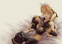 1boy blonde_hair blue_eyes blush bow closed_eyes cum ejaculation elleciel.eud female footjob hair_ornament hairband hairbow hairclip headset kagamine_len kagamine_rin penis shorts shorts_pull socks straight underwear underwear_pull vocaloid