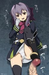 black_boots black_legwear bootjob boots brown_eyes female footjob gloves highres hiiragi_shinoa mudou_eichi owari_no_seraph panties penis purple_hair school_uniform shoejob text thighhighs translation_request underwear unseen_male_face