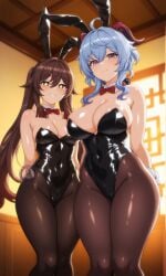 2girls ai_generated breasts bunny_ears bunnysuit female female_only ganyu_(genshin_impact) genshin_impact hu_tao_(genshin_impact) large_breasts light-skinned_female light_skin looking_at_viewer shiny_skin solo thick_thighs thighs wide_hips yuukiai