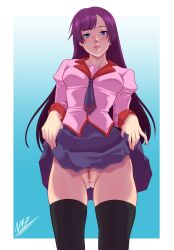 bakemonogatari black_thighhighs blue_eyes blue_skirt border clothes_lift collared_shirt female female_pubic_hair groin highres lifting_own_clothes long_hair long_sleeves looking_at_viewer miniskirt monogatari_(series) muff17 naoetsu_high_school_uniform necktie no_panties parted_lips pink_shirt pleated_skirt pubic_hair puffy_sleeves purple_hair pussy school_uniform senjougahara_hitagi shirt skirt skirt_lift solo thighhighs uncensored white_border