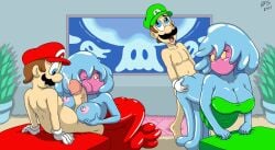 2boys 2girls ass_grab bed blue_body blue_eyes boobjob breasts brown_hair clothed_female_nude_male clothing cum cumshot doggy_style ejaculation erection eyelashes facial_hair female ge genitals gigi_(mario) gloves green_bed_sheet green_dress green_hat hands_on_ass hands_on_breasts hat hefess human human_on_humanoid humanoid humanoid_on_humanoid indoors interspecies jellyfish jellyfish_sisters looking_at_partner looking_back_at_partner luigi male male/female mario mario_(series) mario_and_luigi:_superstar_saga mario_and_luigi_(series) merri_(mario) moustache nintendo nipples open_mouth orgasm orgasm_face penis penis_between_breasts red_bed_sheets red_dress red_hat sex straight straight_sex white_gloves