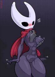 abs anthro areola arthropod big_breasts black_eyes blush blush_lines bodily_fluids breast_grab breasts cape cape_only clothing coffeelot disembodied_hand empty_eyes female front_view genitals grey_areola grey_background grey_body grey_nipples hand_on_breast hi_res hollow_knight hornet_(hollow_knight) insects mostly_nude navel nipple_fetish nipple_pinch nipple_play nipples nude pinch pussy red_cape red_clothing simple_background small_waist solo sweat sweatdrop team_cherry thick_thighs white_body wide_hips