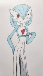 :p colored crowart gardevoir medium_breasts one_breast_out traditional_media_(artwork)