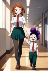 1boy 1girls ai_generated holding_hands minoru_mineta my_hero_academia ochako_uraraka school_uniform size_difference smile walking