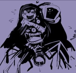 1boy arachnid big_penis camera cloak gay look_outside lyle_(look_outside) male mechanical monster multi_face partially_clothed precum_drip sirkundesu solo unusual_penis