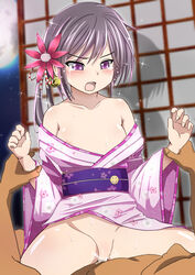 1boy akebono_(kantai_collection) arm_grab bare_shoulders bell blush breasts cowgirl_position cowgirl_position female flower full_moon hair_bell hair_flower hair_ornament highres japanese_clothes kantai_collection kimono kimono_lift kuroame_(kurinohana) long_hair lying moon nipples off_shoulder on_back open_mouth purple_eyes pussy pussy_juice sex shouji side_ponytail sitting sky sliding_doors small_breasts spread_legs star_(sky) starry_sky straddling sweat tears teeth thighs tongue vaginal_penetration