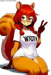 ai_generated bottomless brown_fur cute cute_face eternal_oak furry furry_female glasses mabel_maplebottom red_eyes red_hair squirrel t_shirt thick_glasses twin_braids white_shirt wxdtv