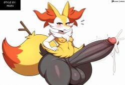 absurd_res ai_generated anthro balls big_balls big_penis blush bodily_fluids braixen canid canine cum ejaculation erection fur generation_6_pokemon genital_fluids genitals girly heart hellsonger hi_res huge_balls huge_cock huge_hips huge_thighs hyper hyper_balls hyper_genitalia hyper_penis inner_ear_fluff male mammal nintendo penis pokemon pokemon_(species) simple_background smile solo sweat thick_thighs tuft white_background wide_hips