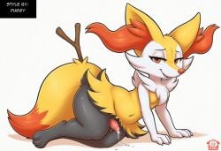 ai_generated anthro balls blush bodily_fluids braixen canid collar cum ear_piercing erection fur generation_6_pokemon genital_fluids genitals girly heart hellsonger hi_res humanoid_genitalia humanoid_penis inner_ear_fluff jewelry looking_at_viewer male mammal nintendo penis piercing pokemon pokemon_(species) precum red_eyes simple_background smile solo thick_thighs tuft white_background white_body white_fur yellow_body yellow_fur