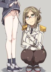 epaulettes folded_ponytail futanari glasses gloves green_eyes intersex kantai_collection katori_(kantai_collection) little_penis military military_uniform necktie pantyhose penis ryou shirt_lift skirt small_penis smile uniform white_gloves z1_leberecht_maass_(kantai_collection)