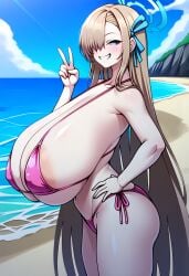 ai_generated areola_slip ass asuna_(blue_archive) beach bikini blue_archive blue_eyes blush breasts covered_nipples female gigantic_breasts grin hair_over_one_eye hair_ribbon halo hand_on_hip konoshige_(style) long_hair looking_at_viewer micro_bikini ocean outdoors pink_bikini ribbon sagging_breasts self_upload shiny_skin side-tie_bikini smile solo swimsuit teeth thighs v very_long_hair