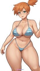 ai_generated alternative_bust_size artist_name asymmetrical_hair bangs bare_shoulders bikini blue_bikini blue_swimsuit blush breasts clavicle cleavage clothing cowboy_shot curvaceous eyelashes female female female_only gen_1_pokemon green_eyes gym_leader highleg highleg_bikini hips huge_breasts kasumi_(pokemon) kasumi_(pokemon) large_breasts legs lips looking_at_viewer navel open_mouth orange_hair parted_lips pokemon pokemon_(anime) pokemon_(classic_anime) pokemon_(game) pokemon_character ponytail shiny shiny_skin short_hair side_ponytail simple_background smile solo standing stomach striped striped_bikini striped_swimsuit swimsuit thick_thighs thighs tied_hair underboob watermark white_background wide_hips