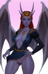 baldur's_gate_3 breasts cleavage demon demon_girl demon_horns demoness devil devil_horns dungeons_and_dragons forgotten_realms mizora red_hair seductive seductive_look sensual succubus succubus_horns wings